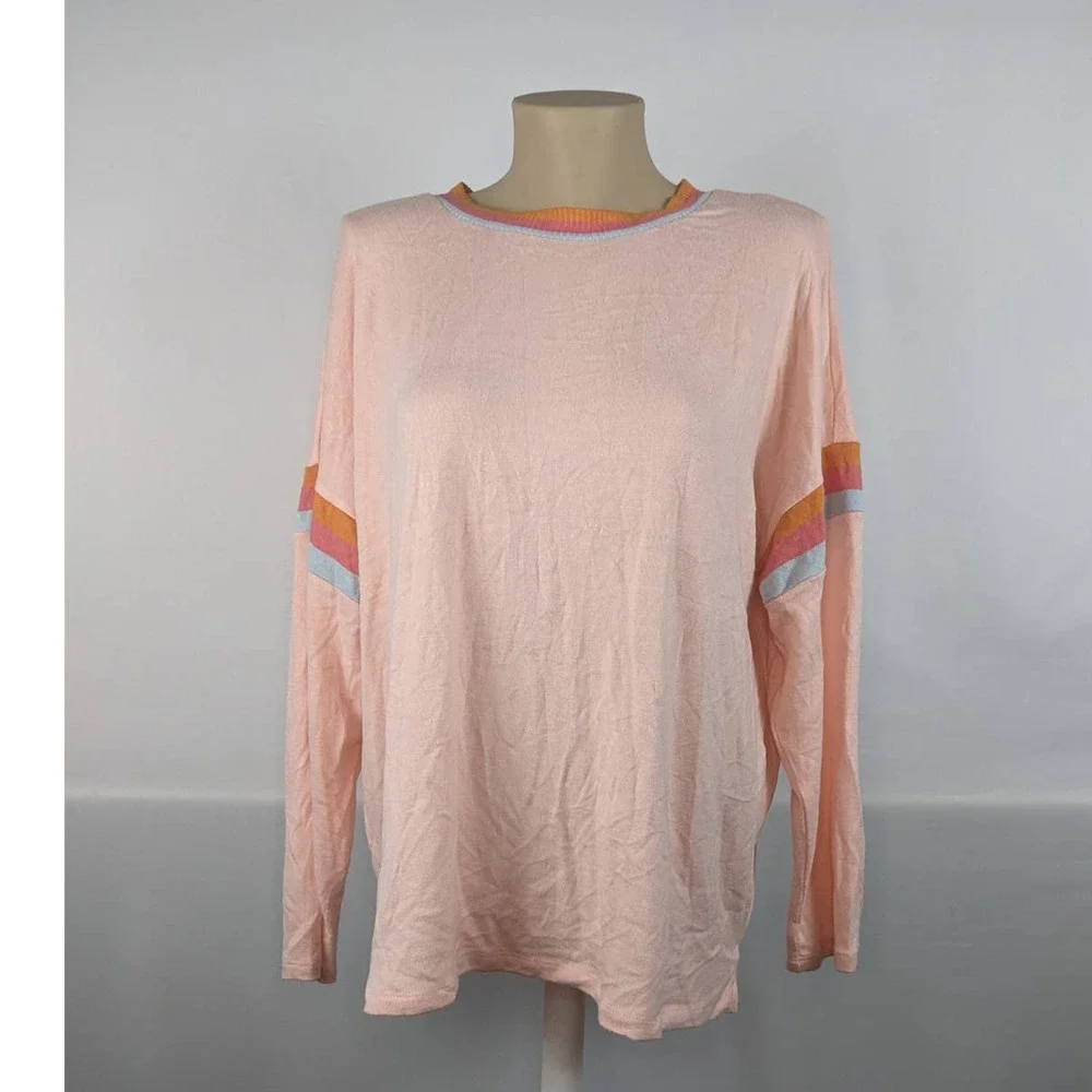 Style & Co Sweater Colorful Striped Trim Top Frosted Rose 0X‎ Stylish Crewneck